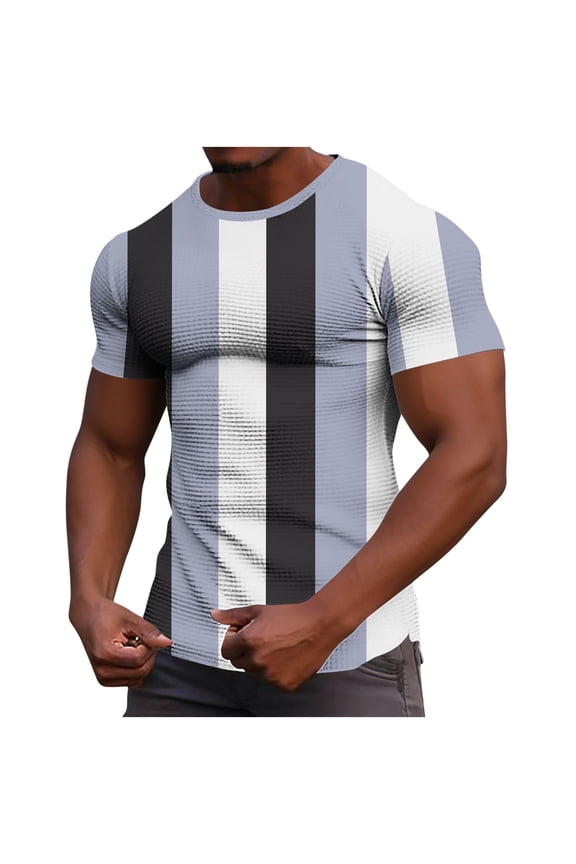 Mens T-Shirts Casual Vertical-Striped Printed Stretch Fitness T-Shirt with Round Neck and Short Sleeves,Sizes S-5XL
