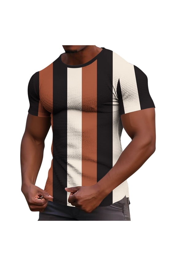 Mens T-Shirts Casual Vertical-Striped Printed Stretch Fitness T-Shirt with Round Neck and Short Sleeves,Sizes S-5XL