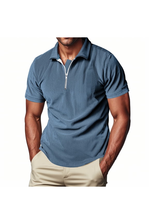 Mens T Shirts Solid Color Half Zipper Pullover Turn down Collar Vertical Short Sleeve,Sizes S-3XL