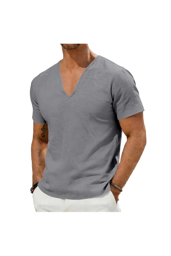 Mens T Shirts Solid Color Short Sleeved Deep V Linen Casual T-shirt,Sizes S-3XL