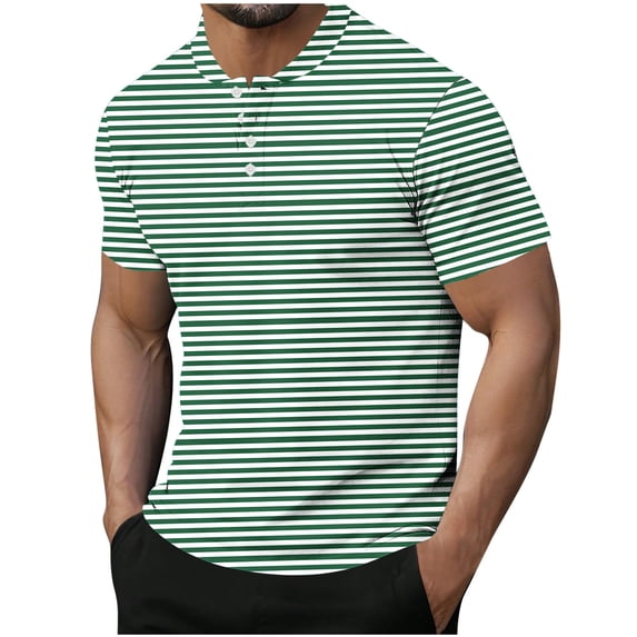 Zekutng Mens T-Shirts Striped Printed Stand-Up Collar Half-Button Short-Sleeve Shirt,Sizes M-3XL