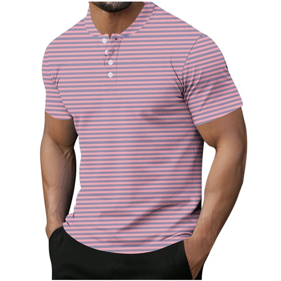 Zekutng Mens T-Shirts Striped Printed Stand-Up Collar Half-Button Short-Sleeve Shirt,Sizes M-3XL