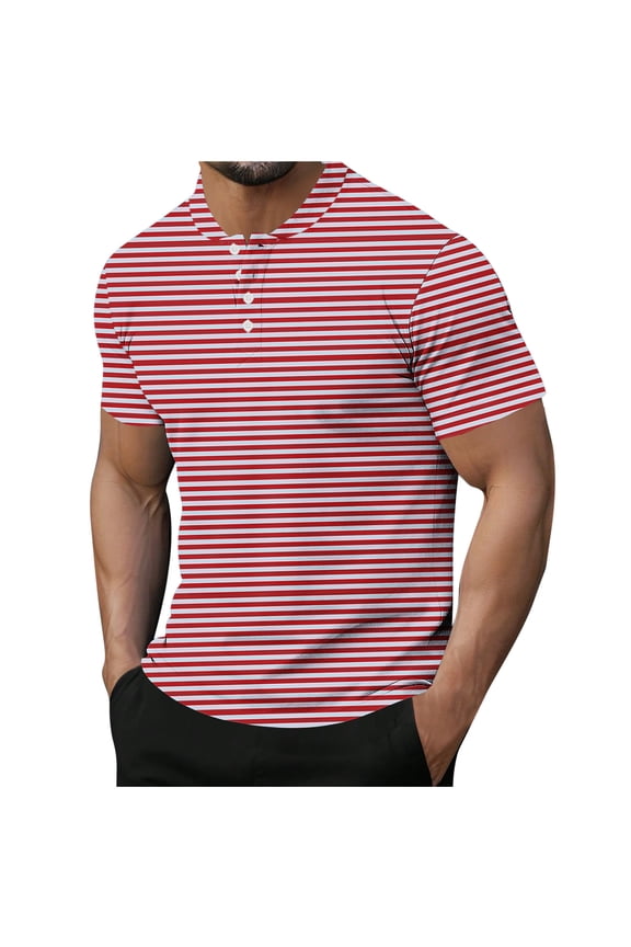 Mens T-Shirts Striped Printed Stand-Up Collar Half-Button Short-Sleeve Shirt,Sizes M-3XL