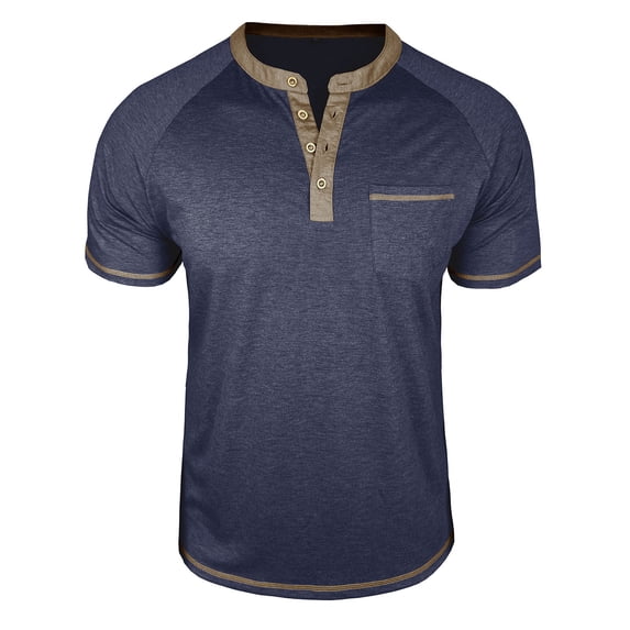 Zekutng Mens T-Shirts Summer Button Casual Solid Patchwork Short Sleeve,Sizes S-3XL