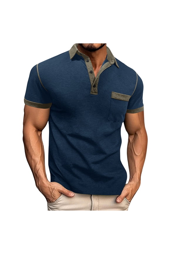 Mens T-Shirts Summer Button down Turn down Collar Tops with Pocket,Sizes S-3XL