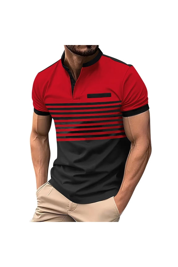 Shirts for Men Color-Blocked Striped Print Short-Sleeve Shirt with Stand-Up Collar,Sizes S-3XL