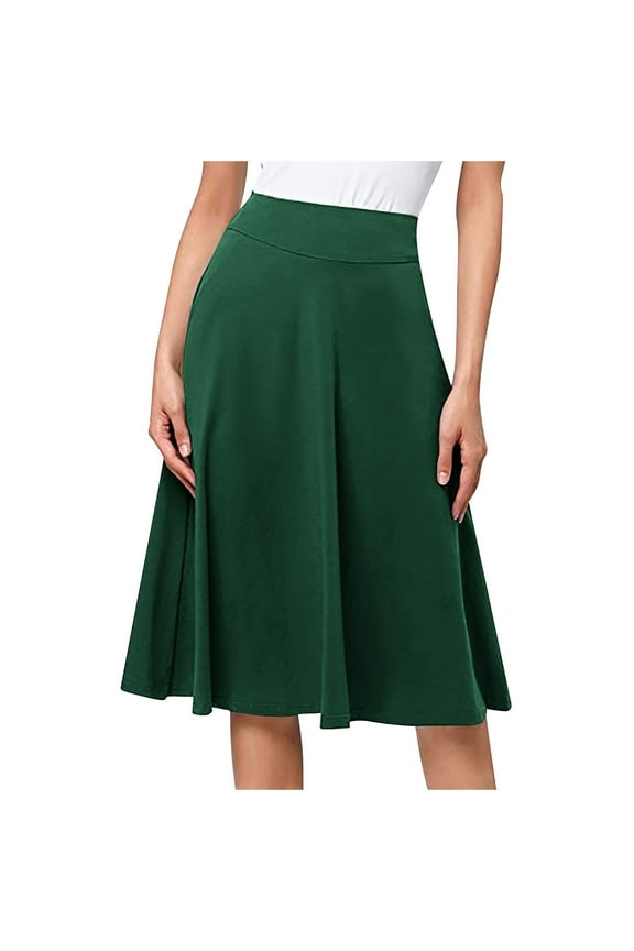 Skirts for Women Stretch High Waist Pleated Mid Length Version Knit Flared Skirt,Sizes S-3XL