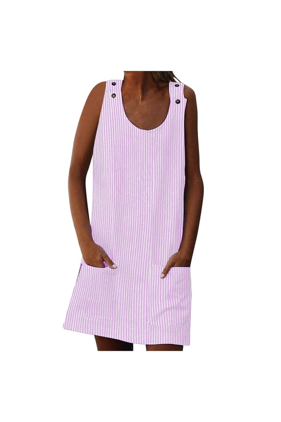 Summer Dresses for Women Holiday Summer Round Neck Pockets Striped Daily Sundress Sleeveless Party Beach Dress,Sizes S-2XL