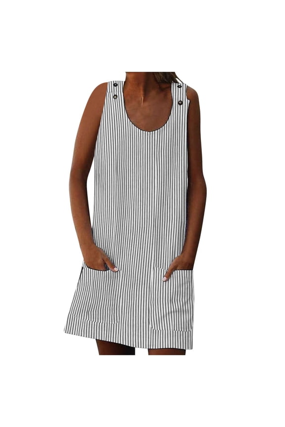 Summer Dresses for Women Holiday Summer Round Neck Pockets Striped Daily Sundress Sleeveless Party Beach Dress,Sizes S-2XL