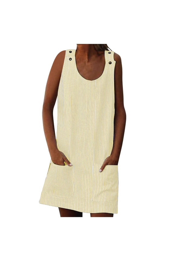 Summer Dresses for Women Holiday Summer Round Neck Pockets Striped Daily Sundress Sleeveless Party Beach Dress,Sizes S-2XL