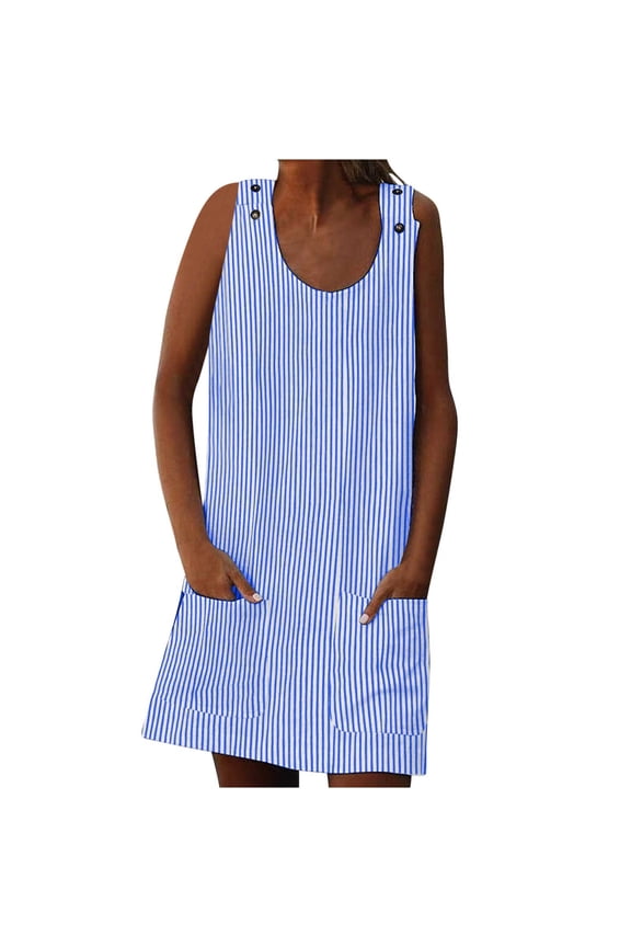 Summer Dresses for Women Holiday Summer Round Neck Pockets Striped Daily Sundress Sleeveless Party Beach Dress,Sizes S-2XL