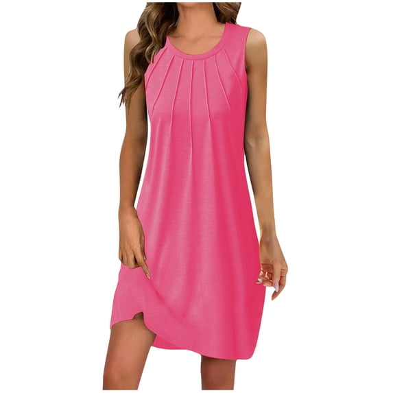 Zekutng Summer Dresses for Women Summer Solid Color Sleeveless Round Neck Pleated Dress,Sizes S-2XL