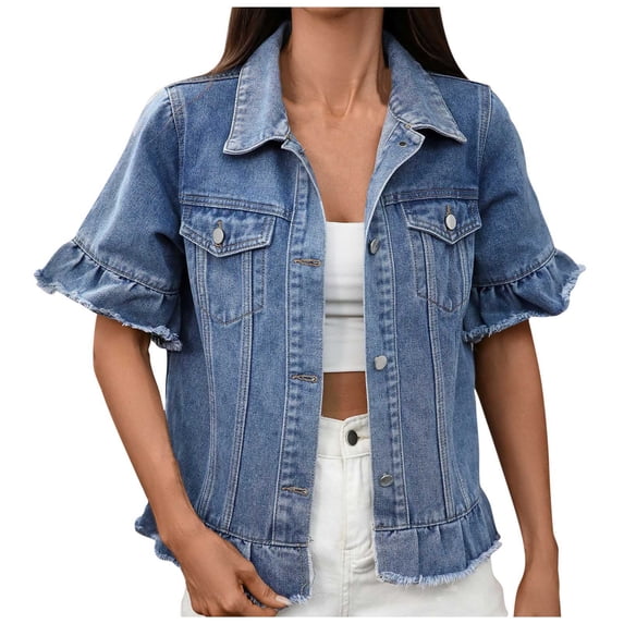 Zekutng Summer Tops for Women Denim Casual Turndown Collar Solid Color Short Sleeve Outwear Jackets Coat,Sizes S-XL