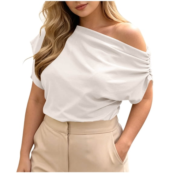 Zekutng Summer Tops for Women Off Shoulder Asymmetrical Neck Short Sleeve T-Shirt Casual Loose Summer Top,Sizes M-2XL
