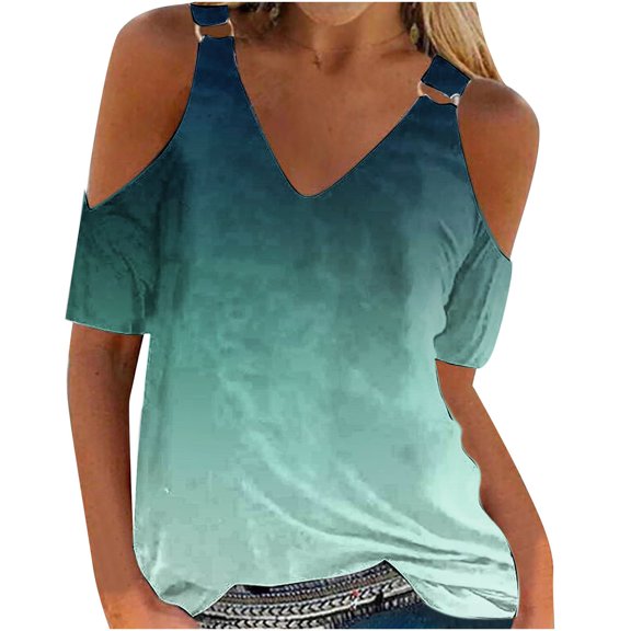 Zekutng Summer Tops for Women Sexy Off Shoulder Printed V-neck Short Sleeve Top,Sizes S-2XL