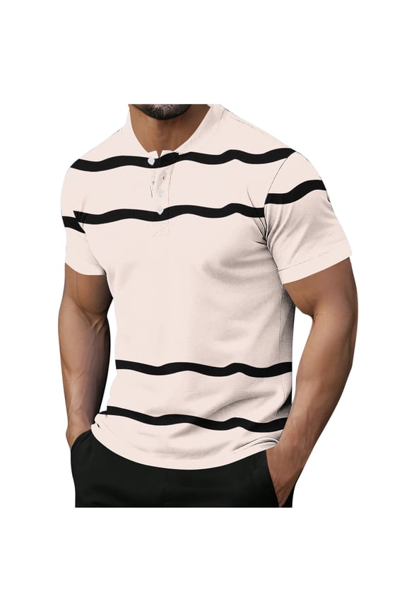 T Shirts for Man Asymmetrical Wavy Stripe Button-Down Crew Neck Shirt,Sizes M-3XL