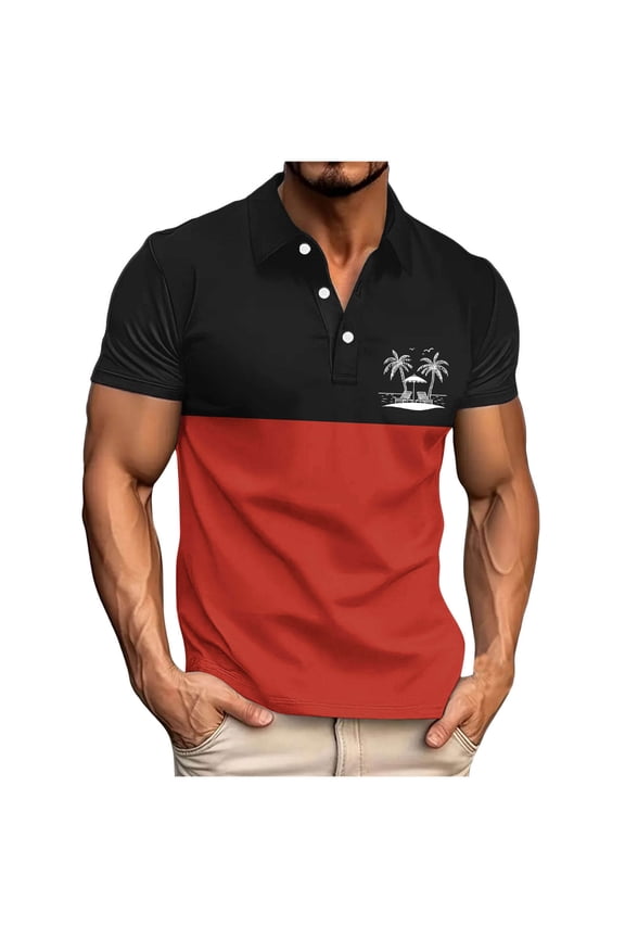 T Shirts for Man Beach Palm Tree Print Collared Color-Blocked Short-Sleeve Shirt,Sizes S-3XL