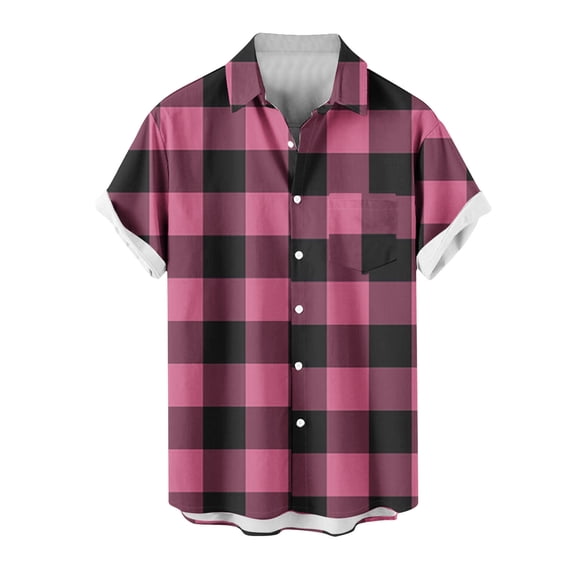 Zekutng T Shirts for Man Short-Sleeve Checkered Button-Down Cardigan with Collar,Sizes M-5XL