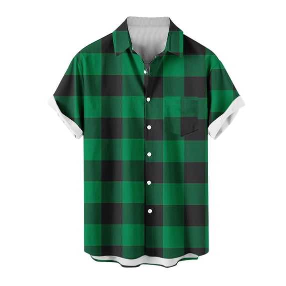 Zekutng T Shirts for Man Short-Sleeve Checkered Button-Down Cardigan with Collar,Sizes M-5XL