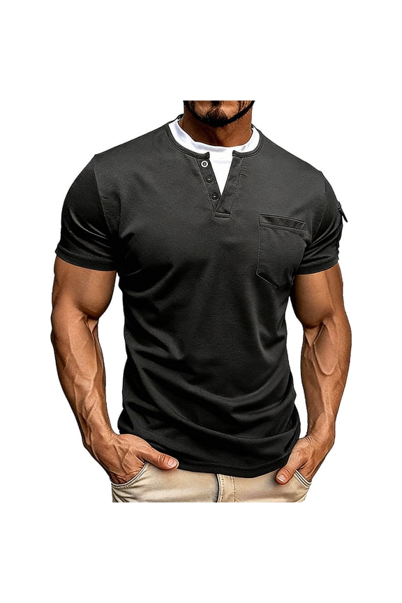 T Shirts for Man Short Sleeved Fake Two-Piece Double-Layer Round Neck Pullover,Sizes S-3XL