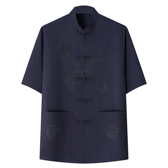 Zekutng T Shirts for Man Stand-Up Collar Retro Button-Down Short-Sleeve Shirt,Sizes S-3XL