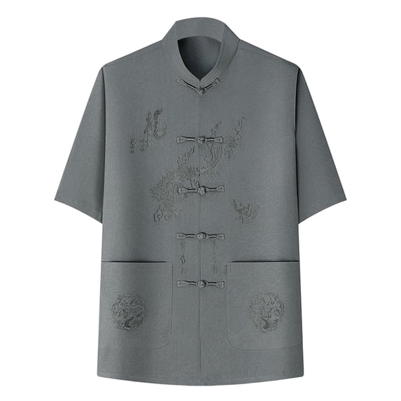 Zekutng T Shirts for Man Stand-Up Collar Retro Button-Down Short-Sleeve Shirt,Sizes S-3XL