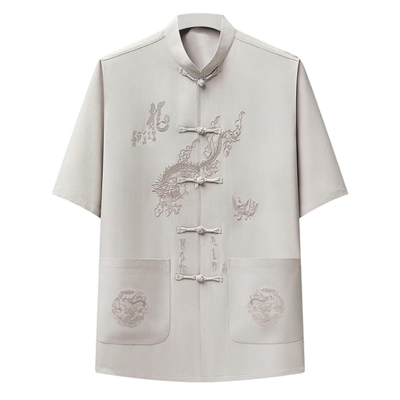 Zekutng T Shirts for Man Stand-Up Collar Retro Button-Down Short-Sleeve Shirt,Sizes S-3XL