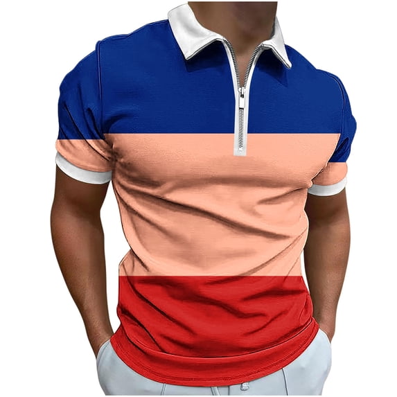 Zekutng T Shirts for Man Two-Tone Casual Short-Sleeve Zipper Collar Shirt,Sizes S-2XL