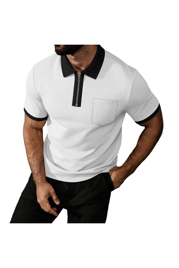 T Shirts for Man Two-Tone Waffle-Weave Short-Sleeve Shirt with Collar,Sizes S-3XL