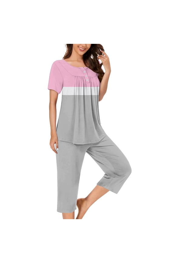 Two Piece Sets for Women Casual Round Neck Short Sleeve Blouse Pants Pajamas Suit,Sizes S-3XL
