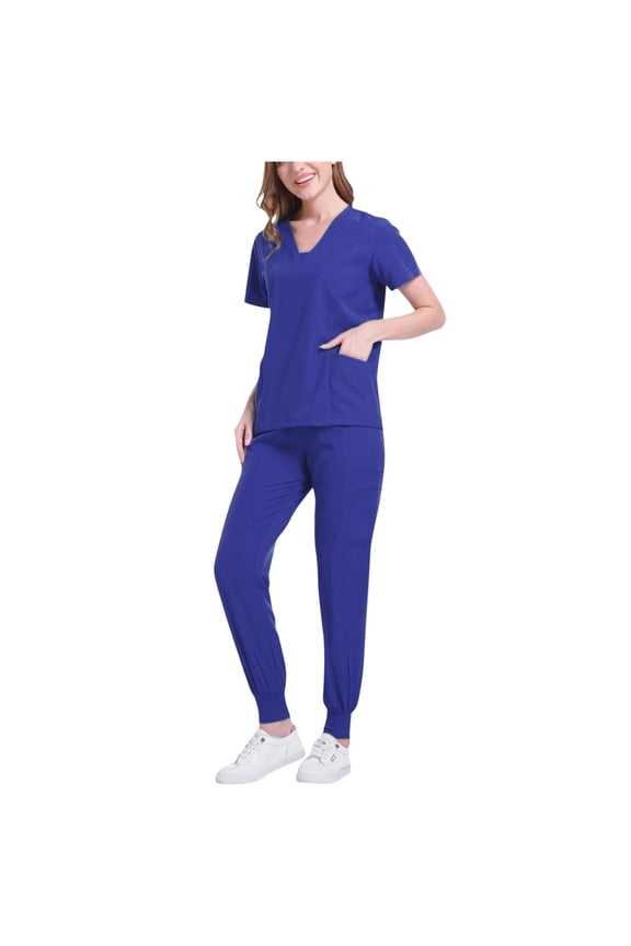 Two Piece Sets for Women Solid Color Loose Ankle Cuff Pants Pocket Caregiver Short Sleeve V-Neck Blouses Nursing Uniform Set,Sizes S-2XL