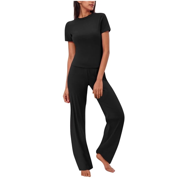 Zekutng Two Piece Sets for Women Solid Color Round Neck Short Sleeved with Bandage Elastic Waistband Long Pants Casual Sports Suit,Sizes S-2XL