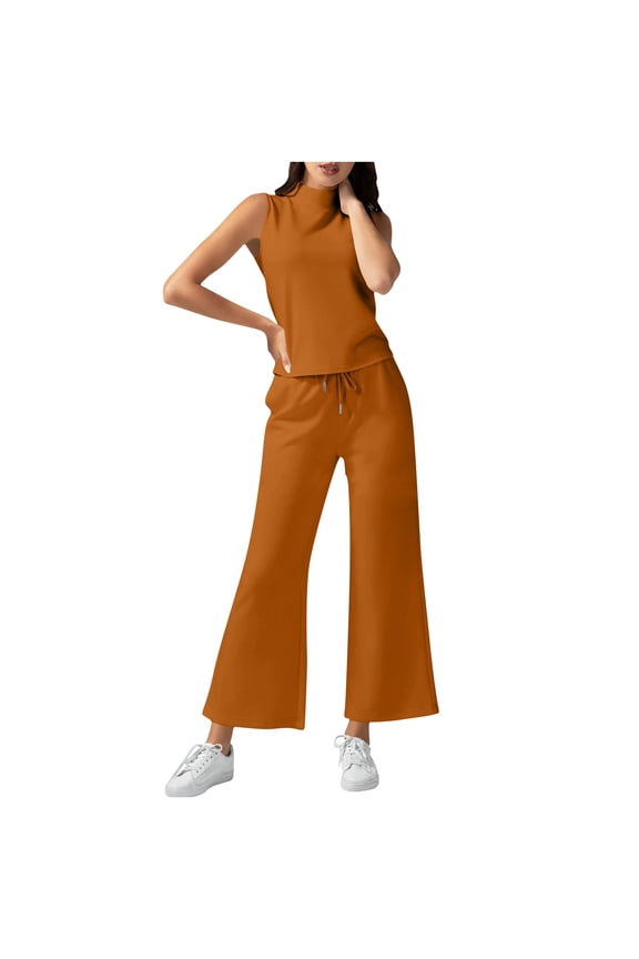 Two Piece Sets for Women Temperament Solid Color High Neck 2-Piece Set Wide Leg Pants Casual Suit,Sizes XS-2XL