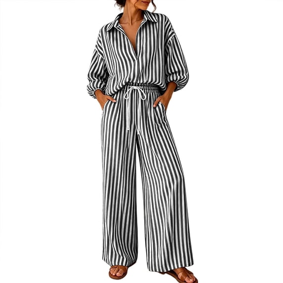 Zekutng Two Piece Sets for Women Vertical Striped Collared Half-placket Shirt & Drawstring High Waist Wide Leg Pant Matching Set,Sizes S-3XL