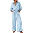 thumbnail image 1 of Zekutng Two Piece Sets for Women Vertical Striped Collared Half-placket Shirt & Drawstring High Waist Wide Leg Pant Matching Set,Sizes S-3XL, 1 of 9