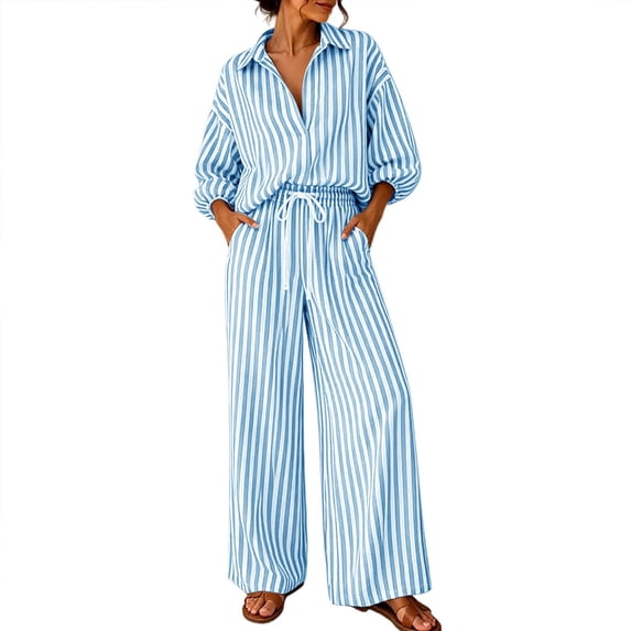 Zekutng Two Piece Sets for Women Vertical Striped Collared Half-placket Shirt & Drawstring High Waist Wide Leg Pant Matching Set,Sizes S-3XL