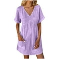 thumbnail image 1 of Zekutng Women's Dresses New Solid Color Pocket Short Sleeve V-Neck Dress,Sizes S-3XL, 1 of 7