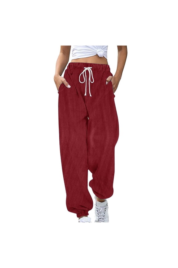 Women's Pants Corduroy Drawstring Elastic-Waist Cuffed Loose-Fit Trousers,Sizes S-2XL