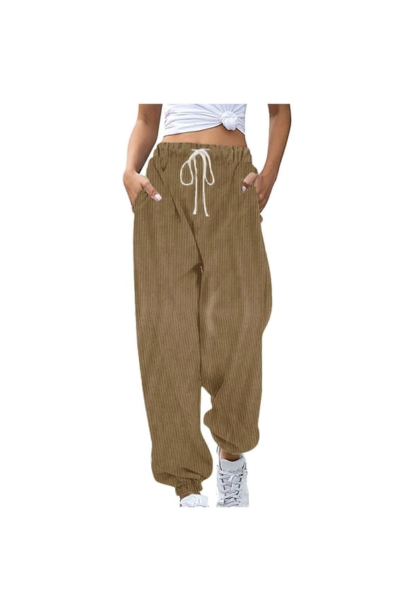Women's Pants Corduroy Drawstring Elastic-Waist Cuffed Loose-Fit Trousers,Sizes S-2XL