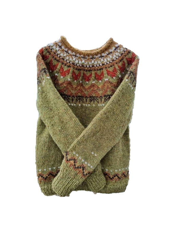 Women's Sweaters Crew Neck Fair Isle Nordic Knit Pullover Long Sleeve Retro Geometric Pattern Thick Warm Knit Layering,Sizes XS-5XL
