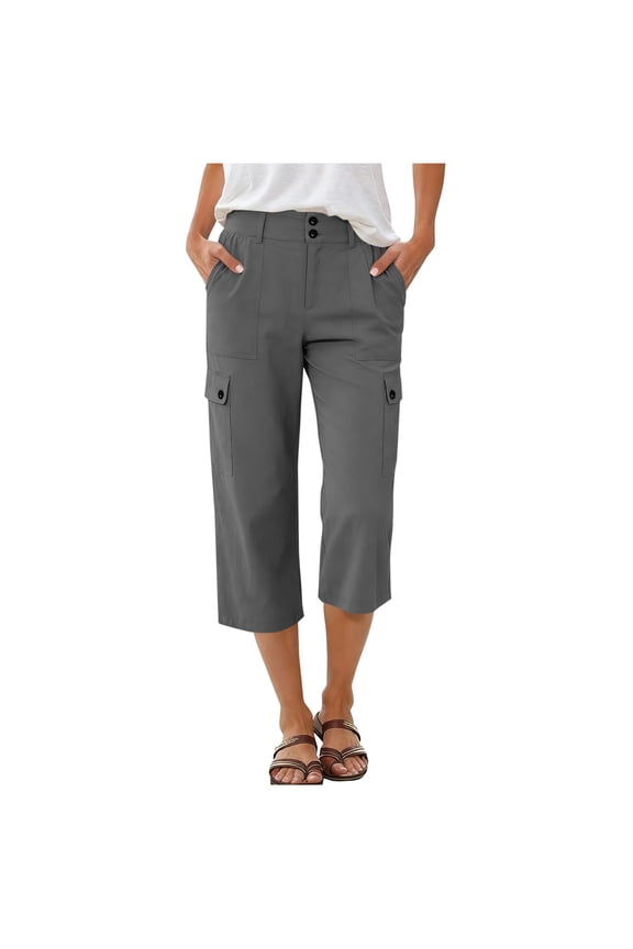 Womens Capris Cargo Straight-Leg Button-Fly Zipper Pants with Multiple Pockets,Sizes S-2XL