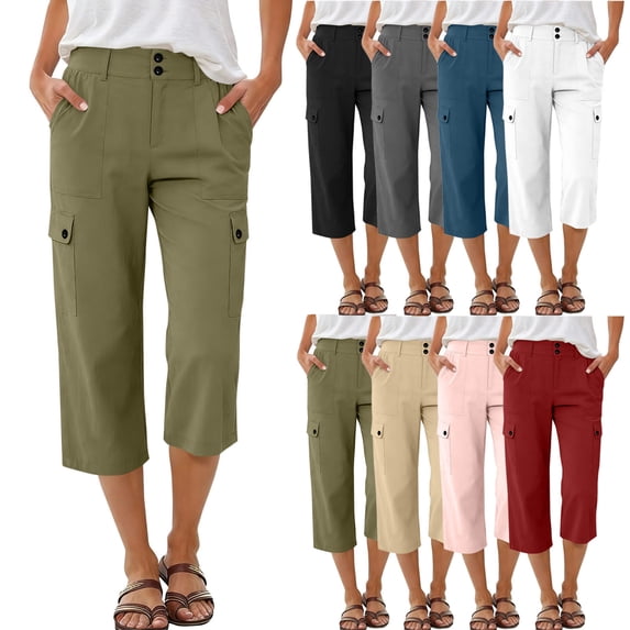 Zekutng Womens Capris Cargo Straight-Leg Button-Fly Zipper Pants with Multiple Pockets,Sizes S-2XL