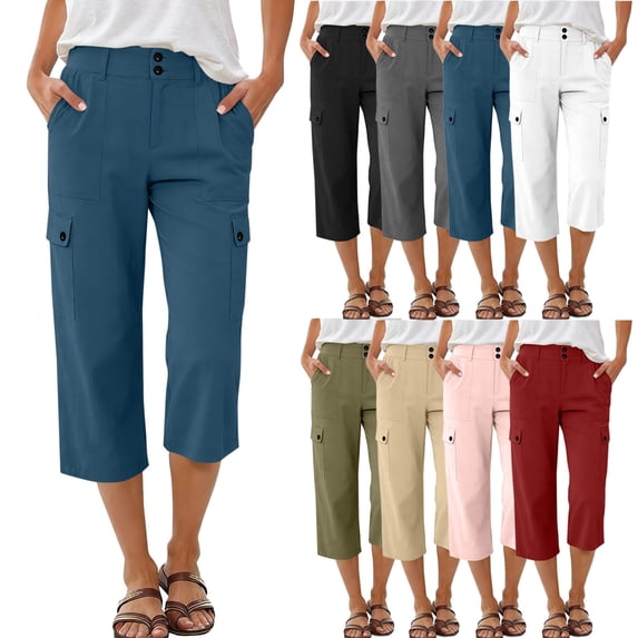 Zekutng Womens Capris Cargo Straight-Leg Button-Fly Zipper Pants with Multiple Pockets,Sizes S-2XL