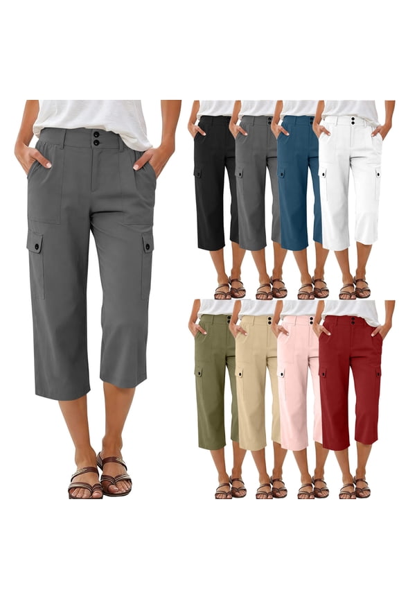 Womens Capris Cargo Straight-Leg Button-Fly Zipper Pants with Multiple Pockets,Sizes S-2XL