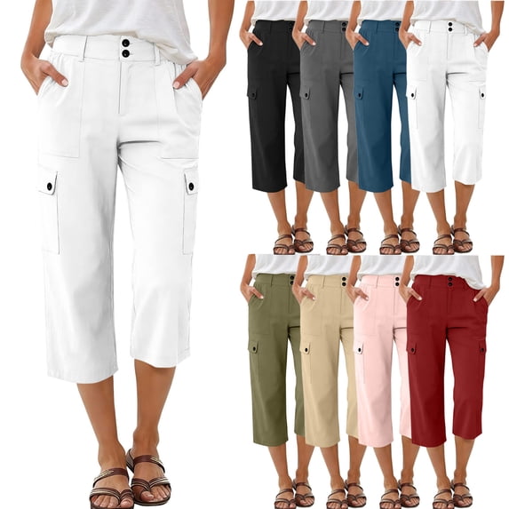 Zekutng Womens Capris Cargo Straight-Leg Button-Fly Zipper Pants with Multiple Pockets,Sizes S-2XL