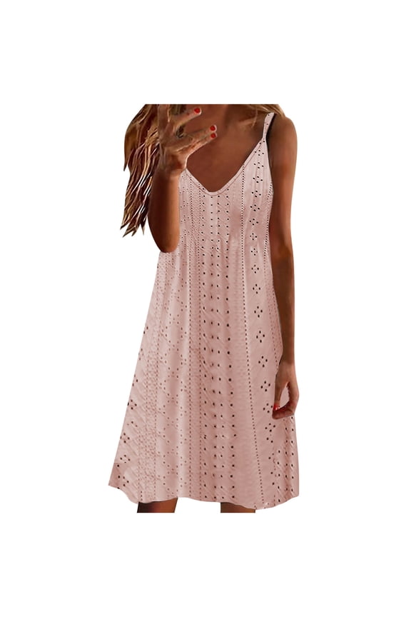 Womens Dresses Casual Solid Color Hollow out Loose Sleeveless V-Neck Camisole Dress,Sizes S-2XL