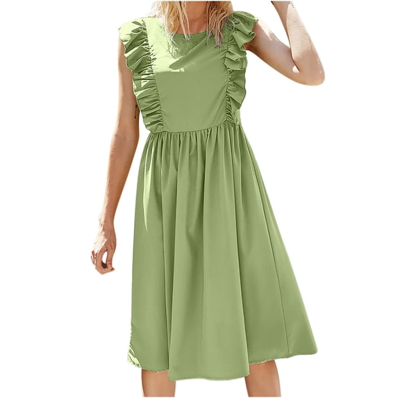 Zekutng Womens Dresses Round-Neck Casual Loose Skirt Solid Sleeveless Ruffles Longuette Dress,Sizes XS-XL