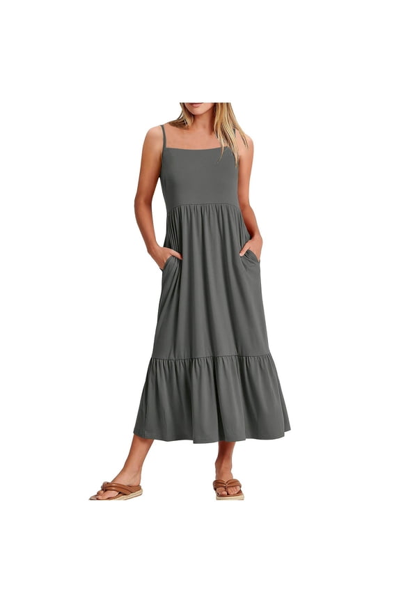 Womens Dresses Square-Neck Sling Sleeveless Solid Pockets Patchwork Pullover Dress,Sizes S-2XL