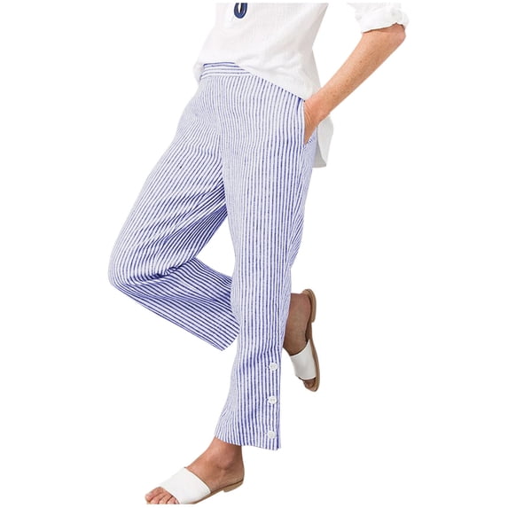 Zekutng Womens Pants Striped Print High-Waisted Side-Pocket Trousers with Button Accents,Sizes S-3XL