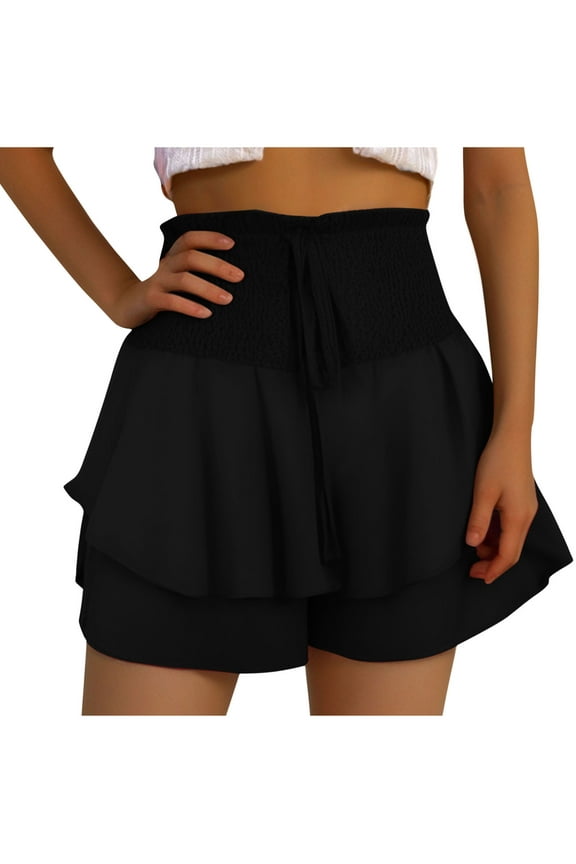 Zekutng Womens Shorts Summer Solid Color Lace High Waisted Double Layered Hem Casual Shorts,Sizes S-2XL